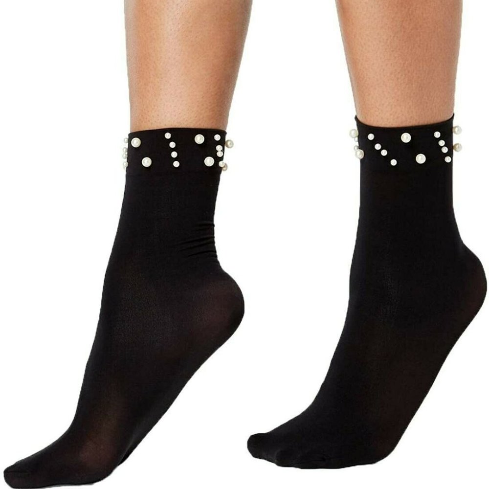 INC Womens Pearl Band Ankle High Socks Black NWT